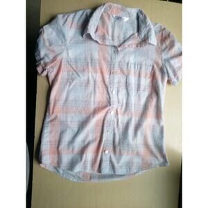 Riders by Lee Womens Plaid Short Sleeve Button Up Shirt Medium Peach Blue Casual